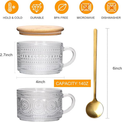 Vintage Coffee Mugs 4pcs Set, 14 Oz Glass Coffee Cups Gifts for Women, Overnight Oats containers with Bamboo Lids and Spoons,Clear Embossed Glass Cups,Cute Coffee Bar Accessories, Iced Coffee Glasses | Clear