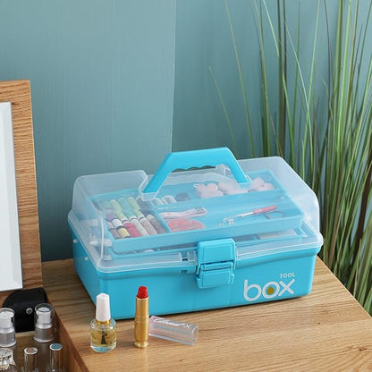Kinsorcai 2PCS 12'' Three-Layer Clear Art Box Organizer, Multipurpose Plastic Craft Box with Handle (Blue)