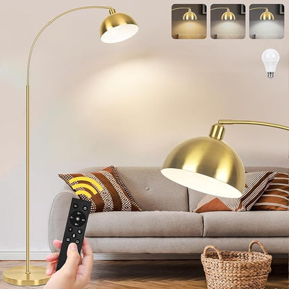 【Upgraded】 Arc Floor Lamps for Living Room - Stepless Dimmable Gold Tall Lamp with Remote Control & Color Temperature 9W LED Bulb, Over Couch Arched Reading Standing Lamp for Bedroom Brass
