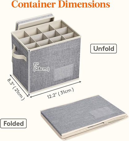 Lifewit 3 Pcs Champagne Flute Storage Box with Dividers, Stackable Cationic Hard Shell Stemware Organizer with 36 Cells, Foldable Dustproof China Containers for Moving, Light Grey