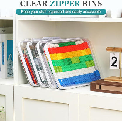 Sanwuta 4 Pcs Clear Hard Zipper Case with Handle Office Storage Cases Hard Plastic Pouches Transparent Bins for Crafts, Snacks, Cosmetics, Puzzles(12.6 x 9 x 2 Inches,White)