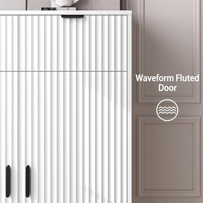 Fluted Shoe Cabinet, 4-Tier Mid Century Modern Narrow Shoe Storage Cabinet with Doors & 2 Drawers, Adjustable Shelves, Freestanding Hidden Shoe Rack Organizer & Wooden Legs for Entryway
