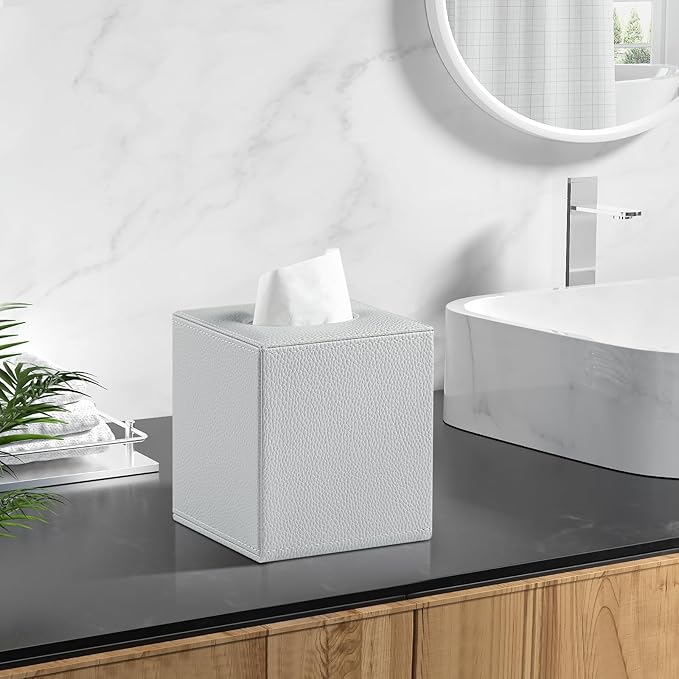 JLAMBOM PU Leather Tissue Box Cover Square Tissue Box Holder with Magnetic Closure, Decorative Tissue Holder for Bathroom Bedroom Office (Grey)