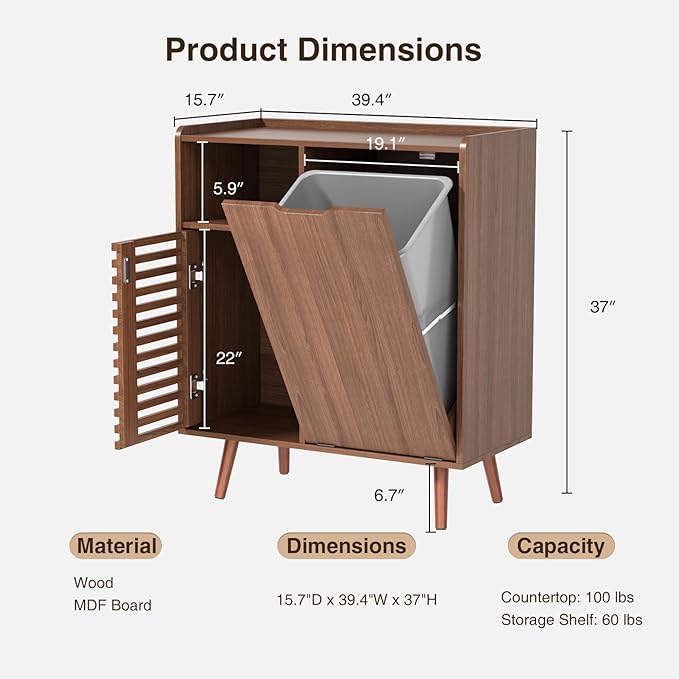 Storage Cabinet with slatted Door, Tilt Out Trash Can Cabinet for 10 Gallon Wooden Dog-Proof Recycling Bin with Hidden Laundry Basket for Kitchen Island and Dining Room, Walnut