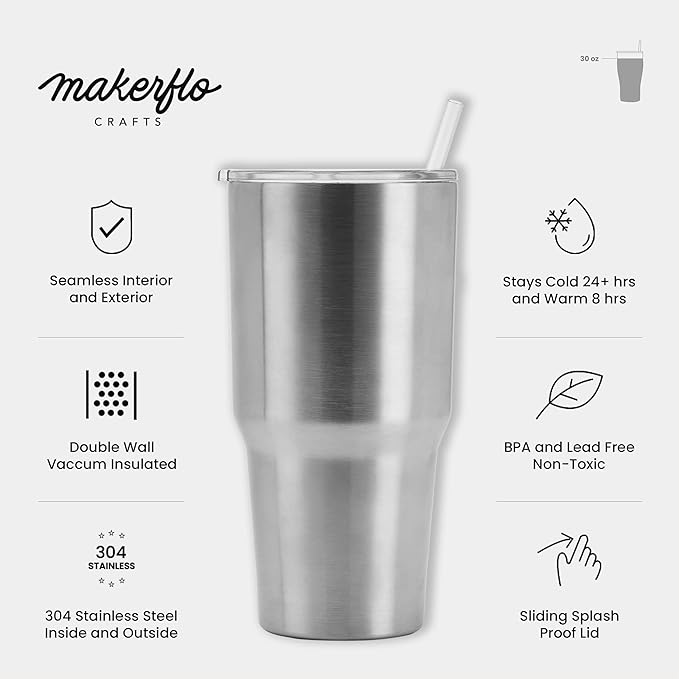 makerflo Silver 30 oz Stainless Steel Tumbler Pack of 25 with Lid & Straw | Craft-Ready for DIY Gifts & Personalization (Epoxy, UV DTF, Vinyl, and Laser Engraving) - Not for Sublimation
