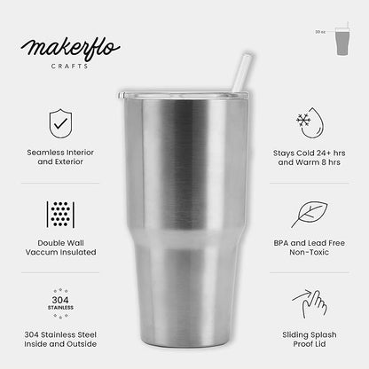 makerflo Silver 30 oz Stainless Steel Tumbler Pack of 25 with Lid & Straw | Craft-Ready for DIY Gifts & Personalization (Epoxy, UV DTF, Vinyl, and Laser Engraving) - Not for Sublimation