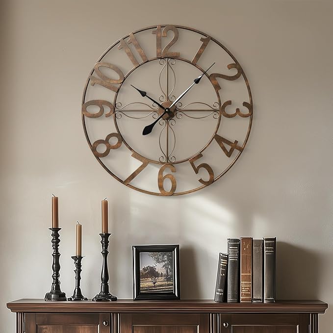Cuspin 30 Inch Wall Clock, Large Decorative Wall Clock for Living Room, Silent Non-Ticking Battery Operated Metal Round Retro Rustic Arabic Numerals Analog Bronze Clock for Kitchen Mantel Office
