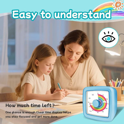 Kids Visual Timer, 60-Minute Silent Timer Countdown Clock with Rainbow Design, Plastic Mini Time Management Tool Timers for Classroom Kitchen Cooking Homework, Sensory Support&Focus Aid, Blue
