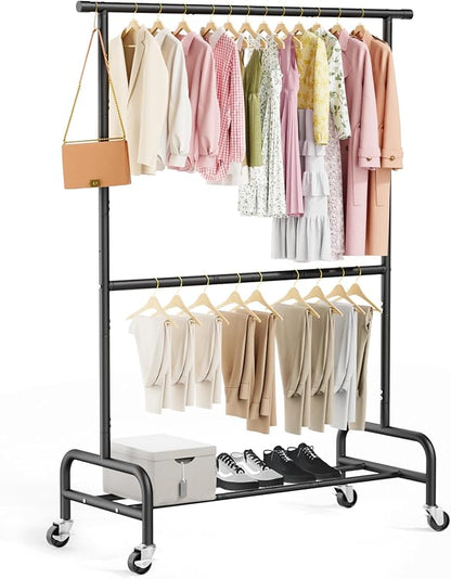 Abiglifty 2 Tier Clothes Rcks for Hanging Clothes, Heavy-Duty Clothing Rack with Wheels,150LBS Capacity, 42" W X15 D X 77" H Garment Rack with Bottom Shelf, for Bedroom, Living Room, Black