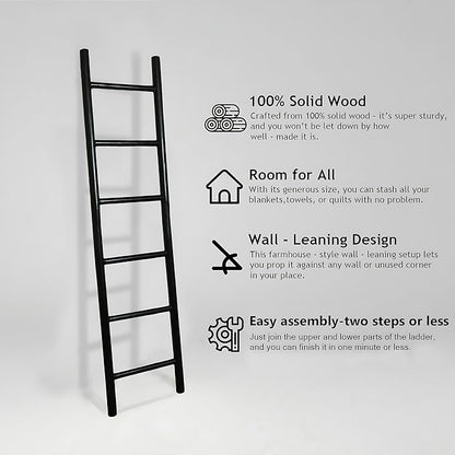 Wooden Blanket Ladder - 76in Natural & Motley Wood - Leaning Wall Decor for Bedroom, Bathroom, Living Room - Rustic Quilt Holder & Towel Rack (Black, 76in | Pre Assembled)