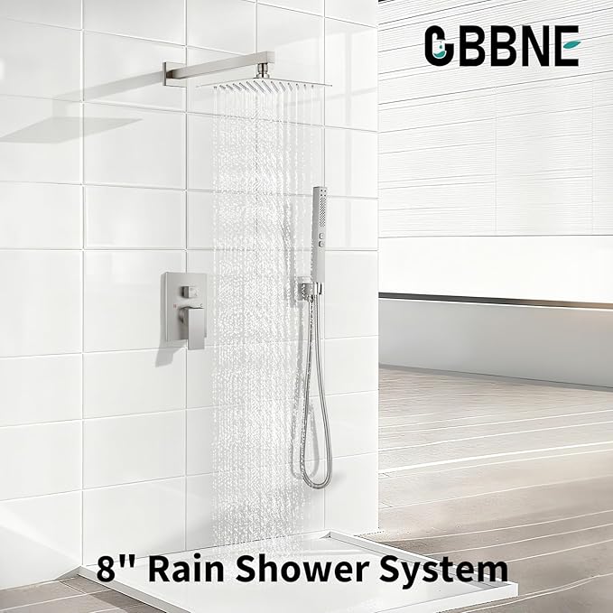 Shower Faucet Set Rainfall Shower System with Square Showerhead and Handle Set Fixture with 2 in 1 Function Handheld Sprayer Wall Mounted Trim Repair Kit Rough-in Valve 8 Inch Brushed Nickel