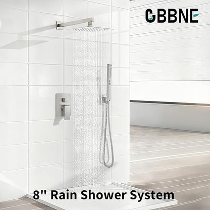 Shower Faucet Set Rainfall Shower System with Square Showerhead and Handle Set Fixture with 2 in 1 Function Handheld Sprayer Wall Mounted Trim Repair Kit Rough-in Valve 8 Inch Brushed Nickel