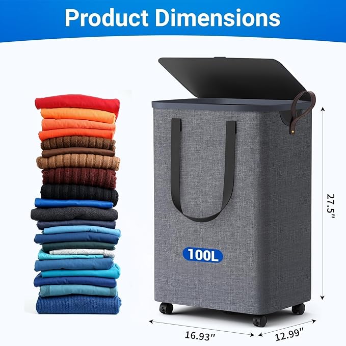 Laundry Basket with 5 Wheels, Tall Dirty Laundry Hamper, Rolling Laundry Basket with Lid, Large 100L Collapsible Clothes Hamper for Laundry Room Bedroom Bathroom Dorm, Light Gray