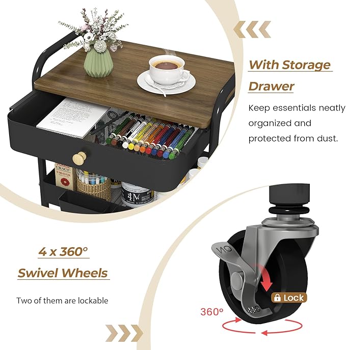 danpinera Rolling Cart with Drawers, Black Storage Cartwith Locked Wheels, Hooks & Hanging Cups for Any Room