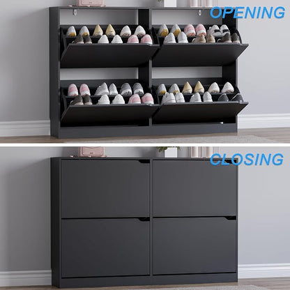 BORNOON Shoe Cabinet with 4 Flip Drawers, Narrow Hidden Shoe Storage Cabinet, Slim Freestanding Shoe Rack Organizer for Entryway, Hallway, Bedroom, Living Room