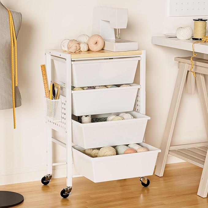 Rolling Cart with Drawers, Rolling Storage Cart with 4 Large Plastic Drawers & Wooden Tabletop, Utility Cart with Pegboards & Basket, Storage Drawers Cart for Living Room, Classroom, Bedroom, Office
