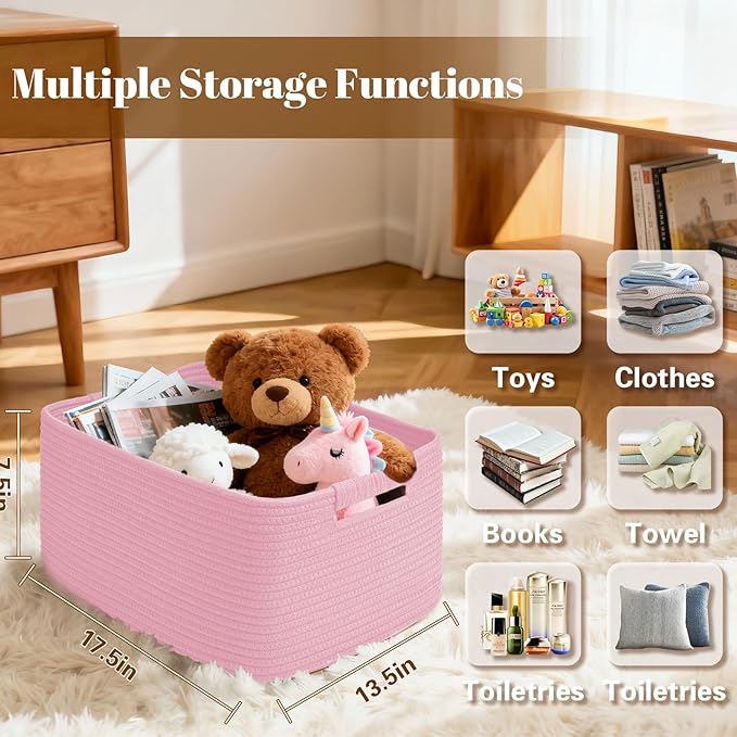 4 Pack Large Storage Basket for Organizing, 17.5"x13.5"x7.5" Woven Basket for Shelves, Closet Cube Storage Bins with Wrapped Handle, Cotton Rope Baskets for Kitchen, Clothes, Toys(Light Pink)