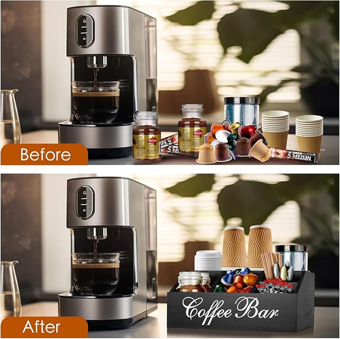 Coffee Station Organizer Pods Holder for Counter, Farmhouse Wood Coffee Bar Accessories and Tea Condiment Basket Storage Organizer Decor