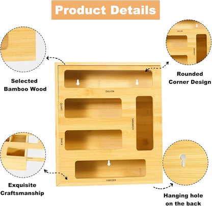 Bag Storage Organizer Compatible with Ziploc | Gallon, Quart, Sandwich & Snack Sized Slider Bags,Bamboo Organizer For Drawer,13.7"L*11.8H"*3.1W"