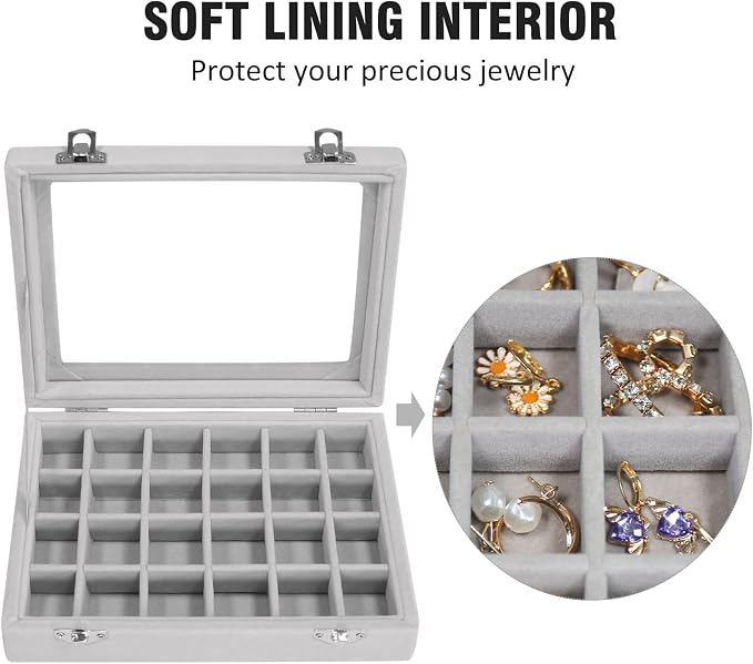 Vicoter Velvet Jewelry Box 24 Grid Jewelry Ring Display Organiser Box Tray Holder Earrings Storage Case for Girls Wife Mom Women (Gray)
