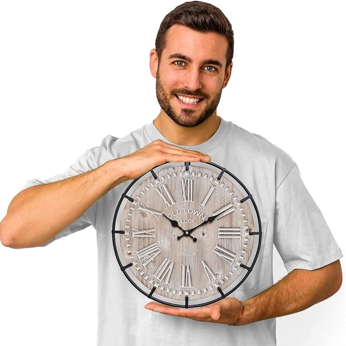 12 Inch Farmhouse Wall Clock Rustic Antique Wood with Metal Circle and Large Engraved Numerals, Silent Battery Operated Wall Clock for Office Kitchen Bedroom Living Room
