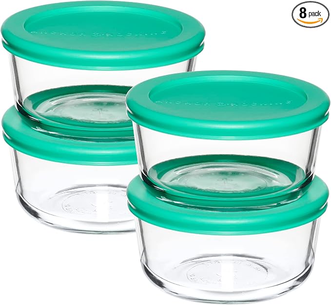 Anchor Hocking 2 Cup Glass Storage Containers with Lids, Set of 4 Glass Food Storage Containers with Mint SnugFit Lids