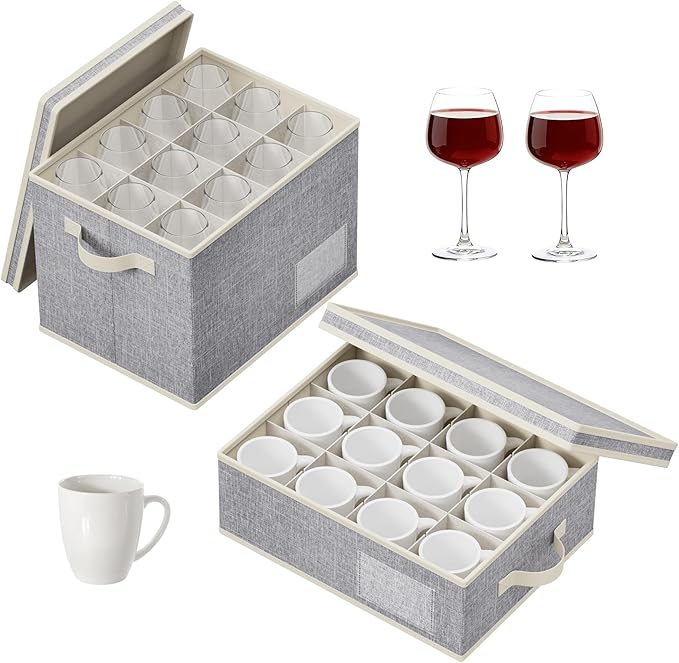 Lifewit 2 Pcs of Mug and Wine Glass Storage Box with Dividers, Stackable Cationic Hard Shell Stemware Organizer with 24 Cells, Foldable Dustproof China Containers for Moving, Light Grey