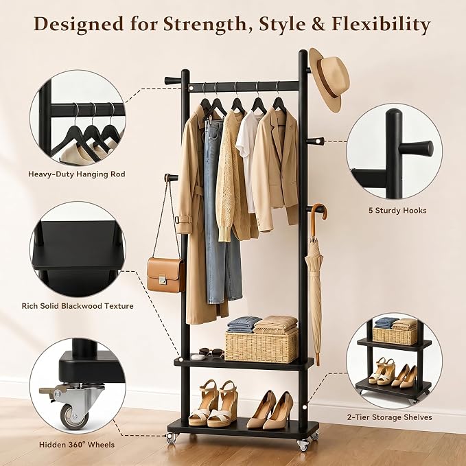 Taitiy Coat Rack Freestanding Clothing Rack with Wheels & 2 Shelves Storage & 5 Hooks Heavy Duty Clothes Rack Wood Coat Tree Stand Hat Hanger Rack for Corner Bedroom Entryway Living Room Hotel Size L