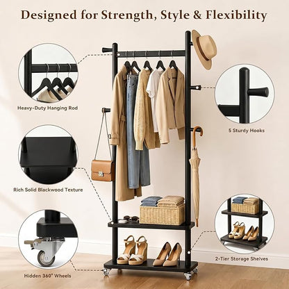 Taitiy Coat Rack Freestanding Clothing Rack with Wheels & 2 Shelves Storage & 5 Hooks Heavy Duty Clothes Rack Wood Coat Tree Stand Hat Hanger Rack for Corner Bedroom Entryway Living Room Hotel Size L