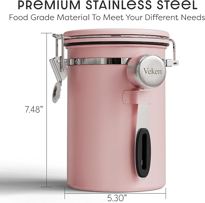 Veken Coffee Canister with Window, Airtight Stainless Steel Kitchen Food Storage Container with Lids, Date Tracker and Scoop for Ground, Beans, Tea, Flour, Cereal, Sugar Jars, 22OZ, Pink