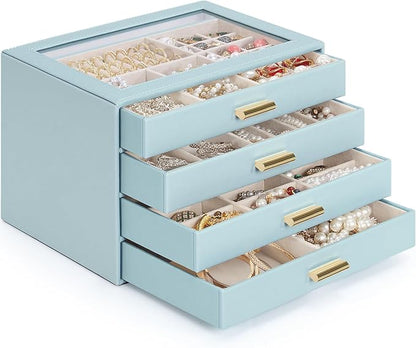 AKOZLIN Jewelry Box with Clear Lid Functional Leather Jewelry Storage Organizer Case 4 Drawers for Women Girls Necklace Ring Bracelet Earring BlueGrey