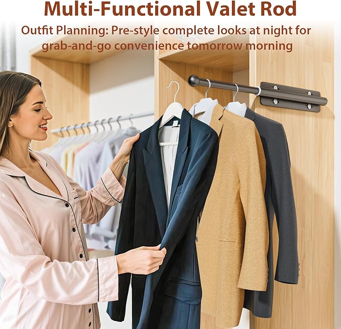 12-23 Inch Valet Rod for Closets Pull Out,Retractable Closet Valet Rod Slide Out,Heavy Duty Valet Rod for Closet Space, Laundry Room, RV, Wardrobes (Black)