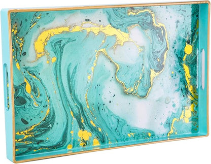 Decorative Tray, Marbling Plastic Tray with Handles, Rectangular Vanity Tray and Serving Tray for Bathroom, Kitchen, Ottoman and Coffee Table, 15.6" x 10.2" (Golden Blue)