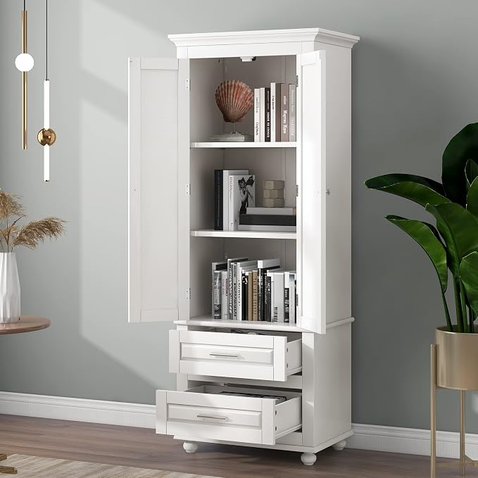 Storage Cabinet, Tall Bathroom Cabinet with Adjustable Shelf | Tall storage cabinet, upper enclosed cabinet and 2 pull-out compartments keep daily essentials organized