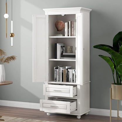Storage Cabinet, Tall Bathroom Cabinet with Adjustable Shelf | Tall storage cabinet, upper enclosed cabinet and 2 pull-out compartments keep daily essentials organized