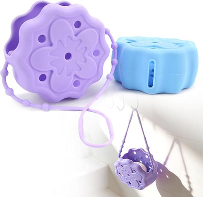 2 Packs Shower Steamer Tray, Silicone Soap Dish Holder, Hangable and Reusable Shower Steamer Holder/Hanger, Bath Bombs Shower Accessory, Aromatherapy Diffuser Containers, Purple and Blue