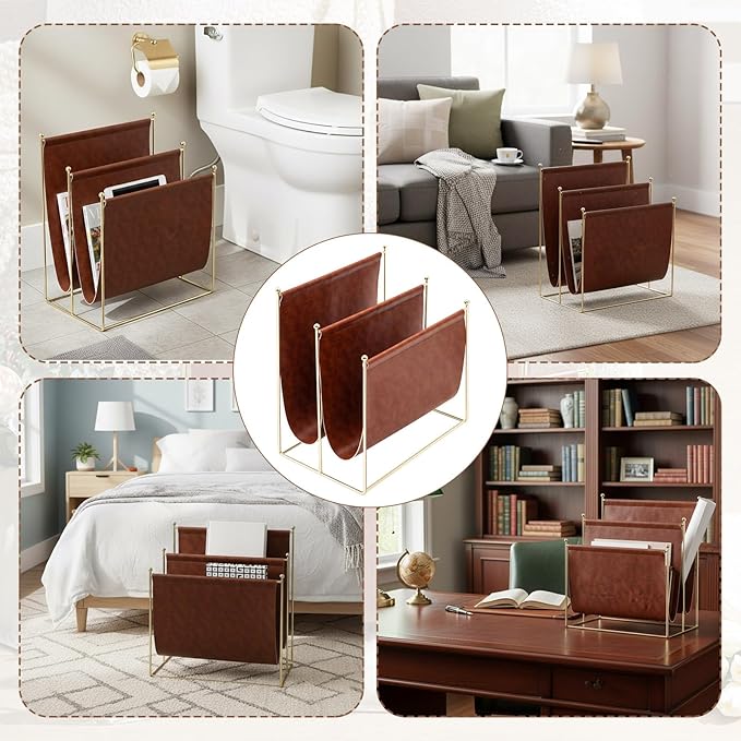 Domensi 2 Tier Leather Magazine Rack, 16 x 14 Inch Floor Standing Magazine Holder, Metal Wire Newspaper Organizer for Home Office, Living Room, Decorative Book Storage Rack for Books, Newspapers