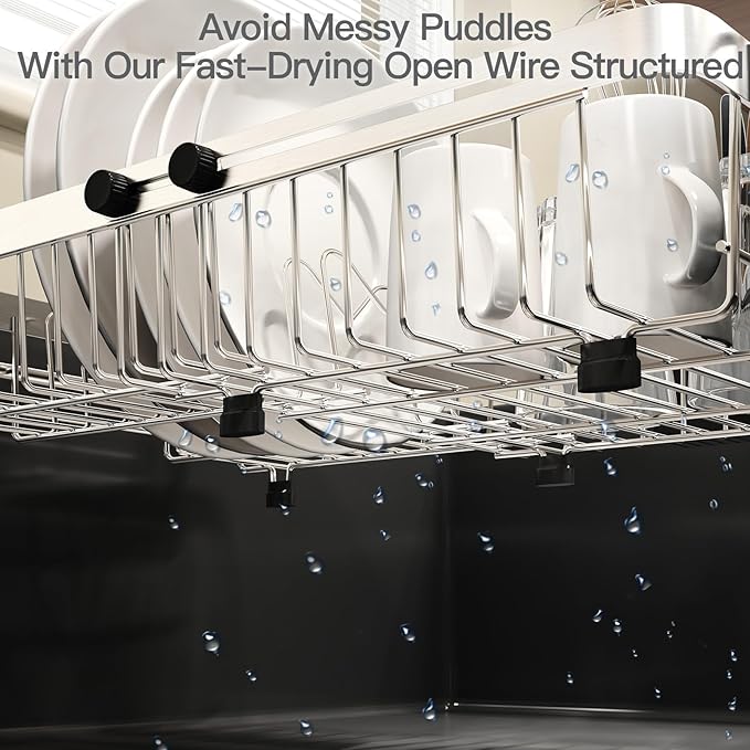 MAJALiS Dish Drying Rack Over The Sink, Expandable Stainless Steel Dish Drainer for Small Kitchen Counter Space Saving, RV Compact Plate Strainer In Silver Metal with Hanging Adjustable Utensil Holder