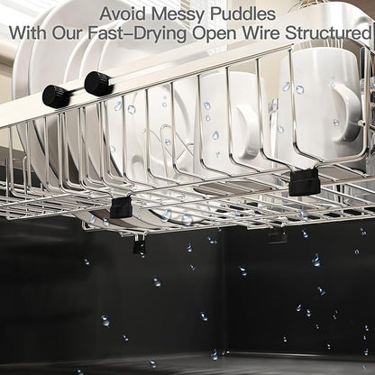 MAJALiS Dish Drying Rack Over The Sink, Expandable Stainless Steel Dish Drainer for Small Kitchen Counter Space Saving, RV Compact Plate Strainer In Silver Metal with Hanging Adjustable Utensil Holder
