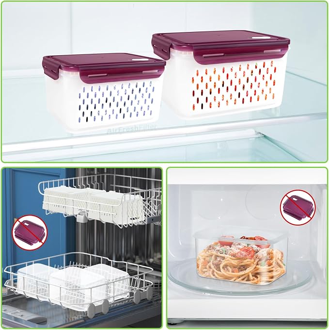 Fruit Storage Containers with Vent Holes and Colander - 4 Pack, BPA-Free Clear Plastic Food Storage Boxes with Airtight Lids for Refrigerator Fridge Vegetable Produce Organizer - Purple