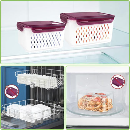 Fruit Storage Containers with Vent Holes and Colander - 4 Pack, BPA-Free Clear Plastic Food Storage Boxes with Airtight Lids for Refrigerator Fridge Vegetable Produce Organizer - Purple