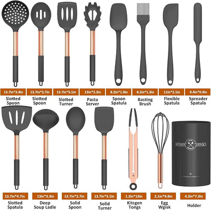 Silicone Cooking Utensil Set, Umite Chef Kitchen Utensils 15pcs Cooking Utensils Set Non-stick Silicone Rose Gold Handle Cooking Tools Whisk Kitchen Tools Set -Grey