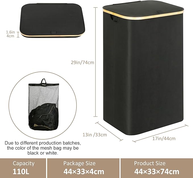 iEGrow Laundry Hamper with Lid, 110L Large Laundry Hamper with Handle and Lid, Collapsible Clothes Basket Organizer with Removable Inner Bag for Clothes Towels - Black
