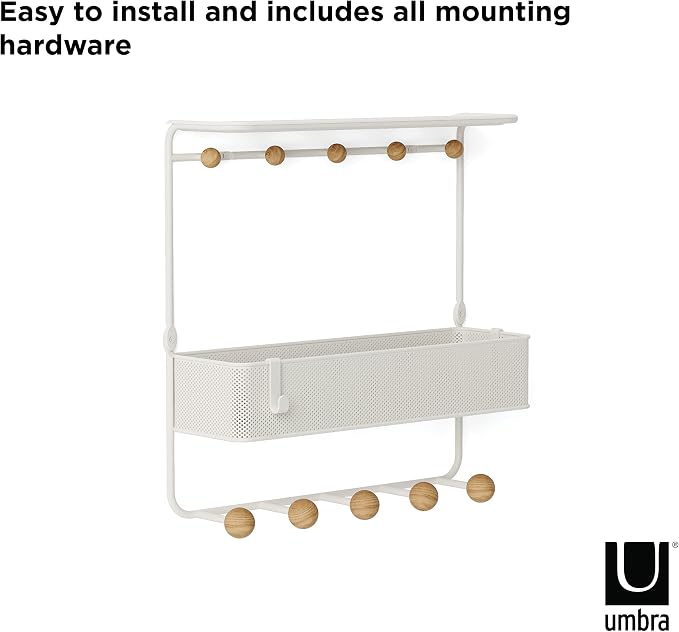 Umbra Estique Entryway Organizer Storage Solution with Cubby Bin, Shelf and Hooks for Keys, Mail, Glasses, Wallet, Purse, Hat, and More, White