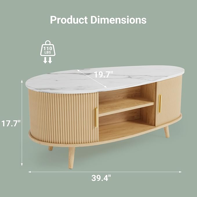 Seang Fluted Coffee Table with Storage,39" Oval Coffee Table with Dual Sliding Doors,Wooden Center Table for Living Room Home Office,Natural