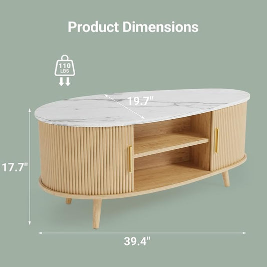 Seang Fluted Coffee Table with Storage,39" Oval Coffee Table with Dual Sliding Doors,Wooden Center Table for Living Room Home Office,Natural