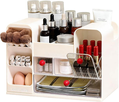 Makeup Organizer for Vanity with Brush Holder, Large Cosmetic & Skincare Organizer Countertop with Muti-Drawers, Cosmetic Display Case for Lipsticks, Nail Polishes, Perfumes, Eyeshadow (cream)