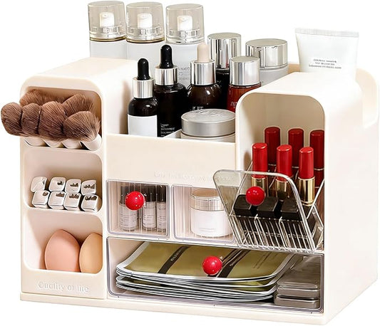 Makeup Organizer for Vanity with Brush Holder, Large Cosmetic & Skincare Organizer Countertop with Muti-Drawers, Cosmetic Display Case for Lipsticks, Nail Polishes, Perfumes, Eyeshadow (cream)