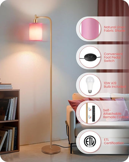 Dimmable Floor Lamp for Living Room with Remote and Foot Switch, Modern Standing, Corner Lamp,10W Bulb 3 Color Temperatures, for Bedroom, Office, Corner, ETL Listed, Gold and Pink DP19LD05