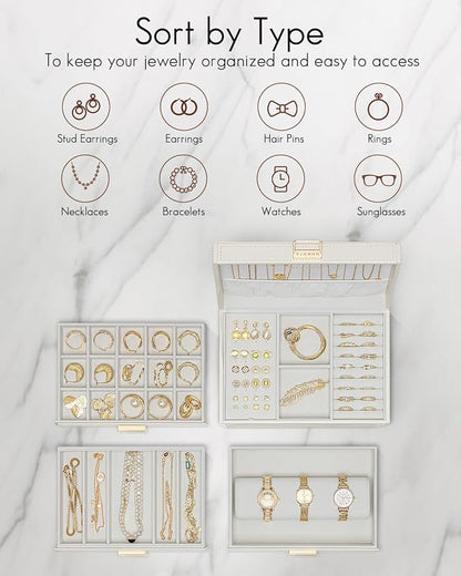 VLANDO 4 Layer Large Jewelry Box - Jewelry Holder Organizer, Jewelry Box Organizer for Drawer Necklace Ring Bracelet and Watch, Birthday Gift for Loved Ones - White